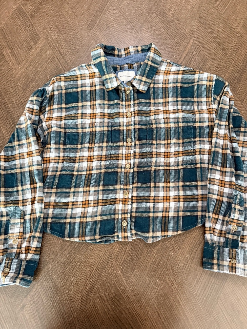 American Eagle Teal, Brown & White Plaid Button-Down Shirt w/denim roll up cuffs - Picture 2 of 8